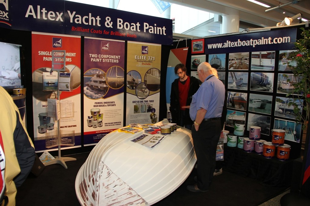 Ron Brown gives advice on the Altex Paints stand - 2012 Auckland On the Water Boat Show © Richard Gladwell www.photosport.co.nz